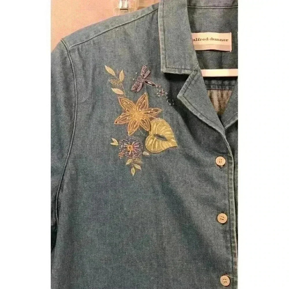 Alfred Dunner Top Womens 16P Chambray Floral Embroidered Button Up Short Sleeve - Picture 2 of 6